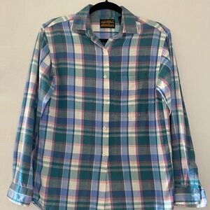 Eddie Bauer Vintage Green Blue Pink Plaid Button Up Long Sleeve Size Small
